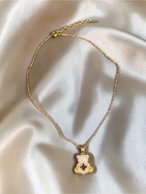 Gold Pendant Necklace with TeddyBear Red Accent Gem in middle - Women's Jewelry